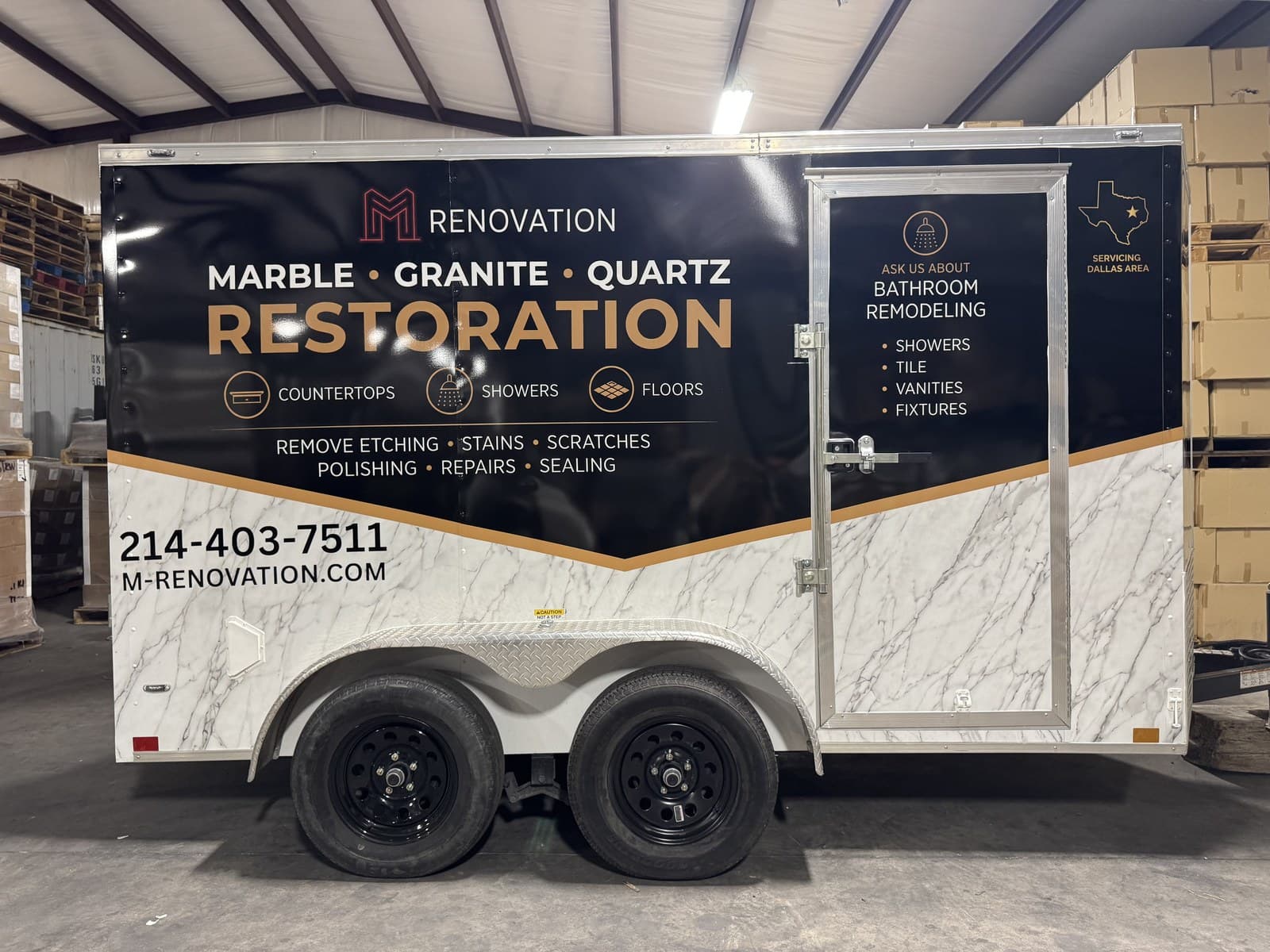 M Renovation trailer wrap in marble graphics