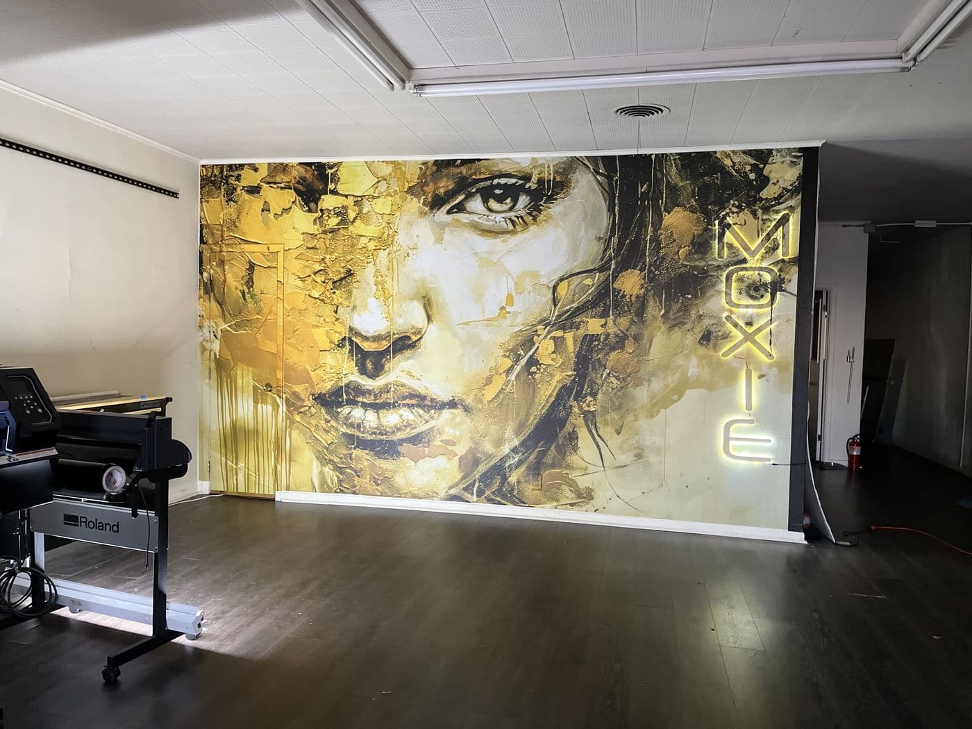 Large printed mural installed on the Moxie shop wall